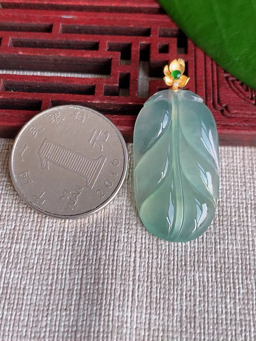 天然A货翡翠18K金扣头晴水叶子金枝玉叶吊坠尺寸39×32.5×18×4.5m量5.65g 0709