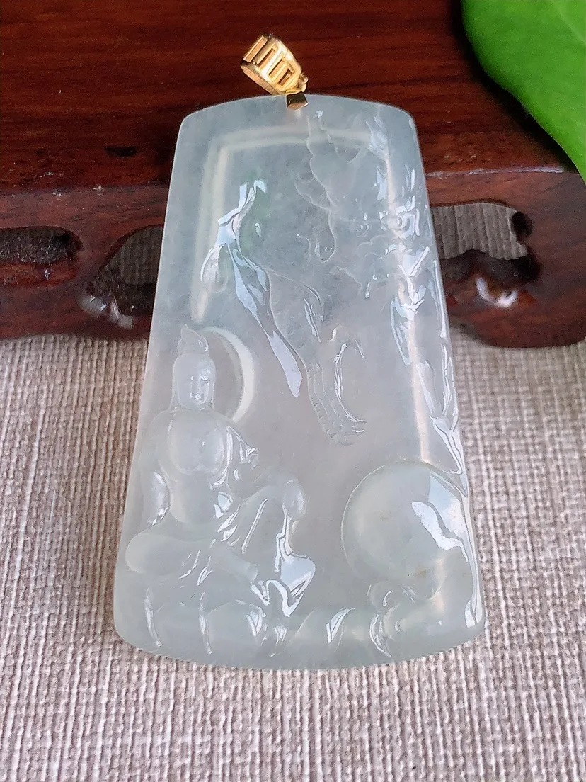 天然A货翡翠18K金扣头飘花御龙观音吊坠尺寸52×32.2×4.5m量16.42g 0709