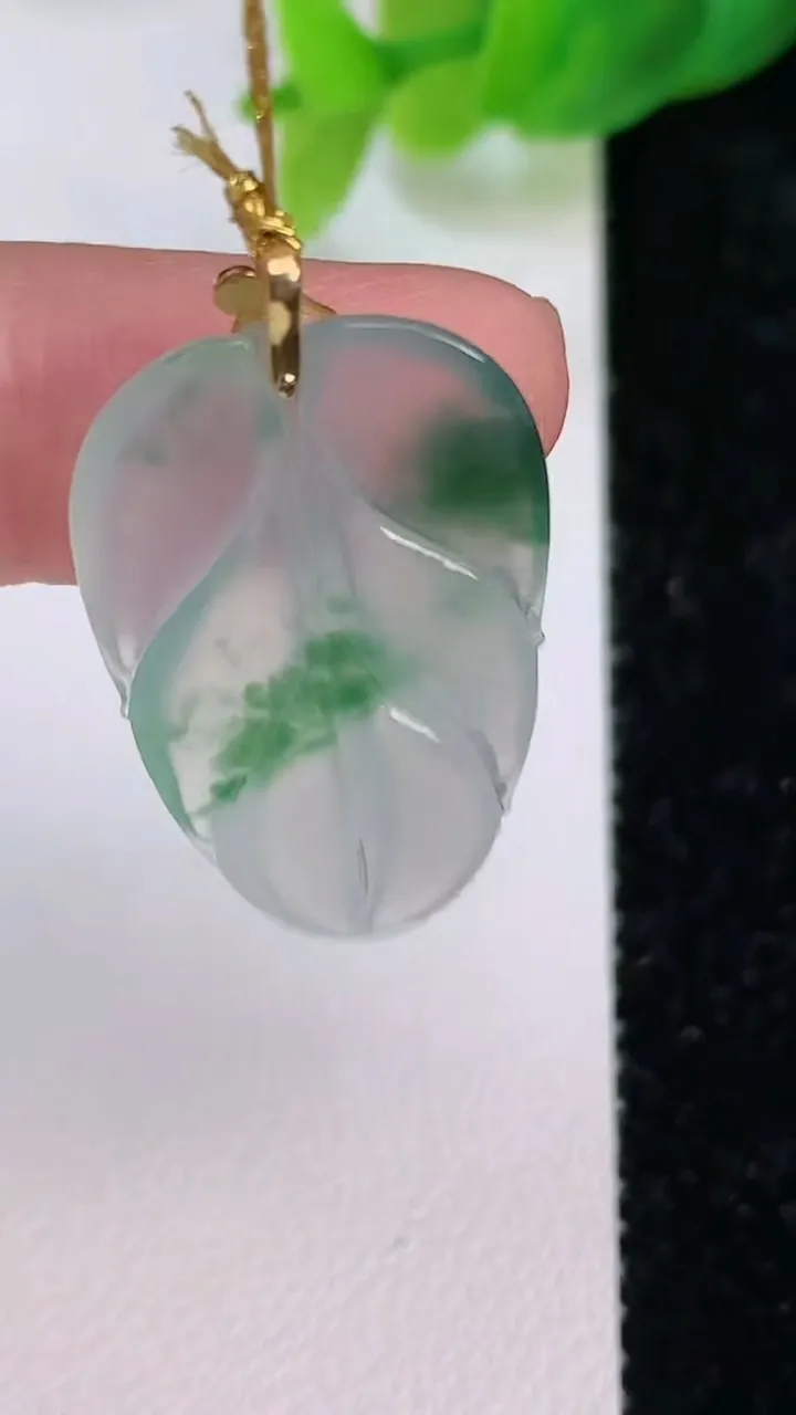 天然A货翡翠金枝玉叶 叶子吊坠，尺寸26-17.5-3.3，重量:3.37g
7月10日