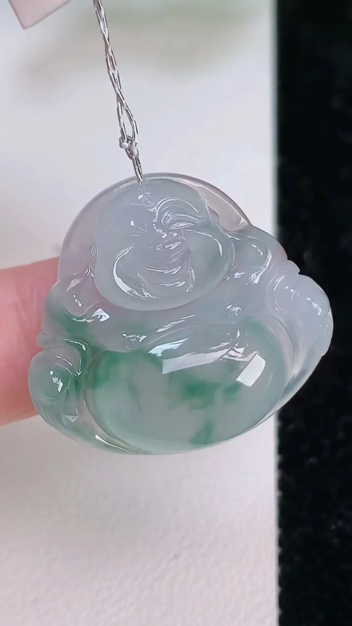 天然A货翡翠冰种飘花佛公吊坠，尺寸24.2-27-6，重量:5.91g
7月10日
