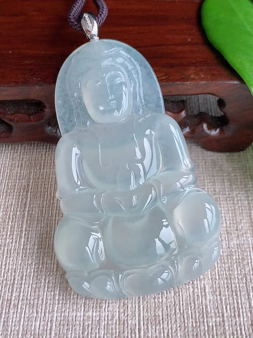天然A货翡翠18K金扣头白月光正装观音吊坠尺寸59.5×37.5×5.4m量24.07g 0710