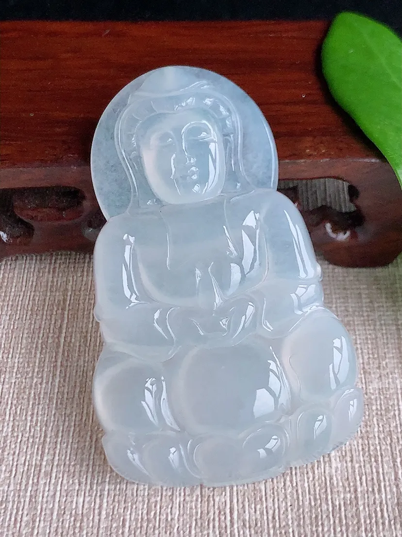 天然A货翡翠白月光大正装观音吊坠尺寸65.5×39.4×5.7m量29.00g 0710