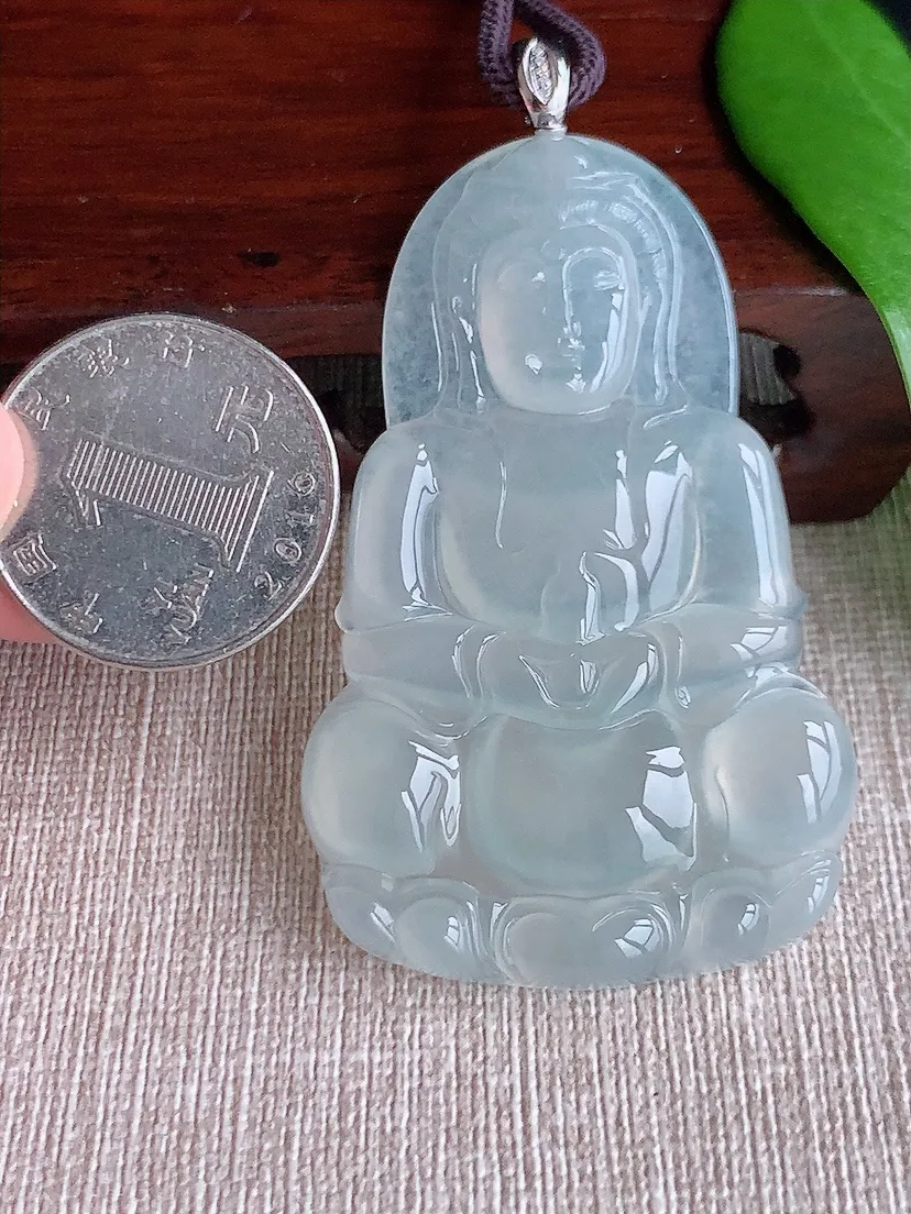 天然A货翡翠18K金扣头白月光正装观音吊坠尺寸59.5×37.5×5.4m量24.07g 0710