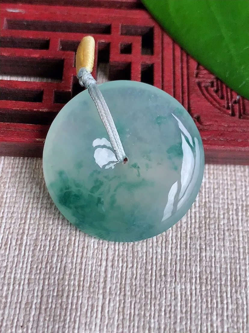 天然A货翡翠飘花平安扣吊坠尺寸28×5.4m量9.26g 0710