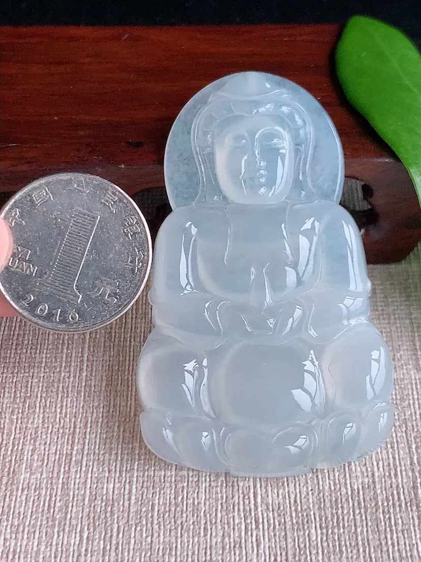 天然A货翡翠白月光大正装观音吊坠尺寸65.5×39.4×5.7m量29.00g 0710