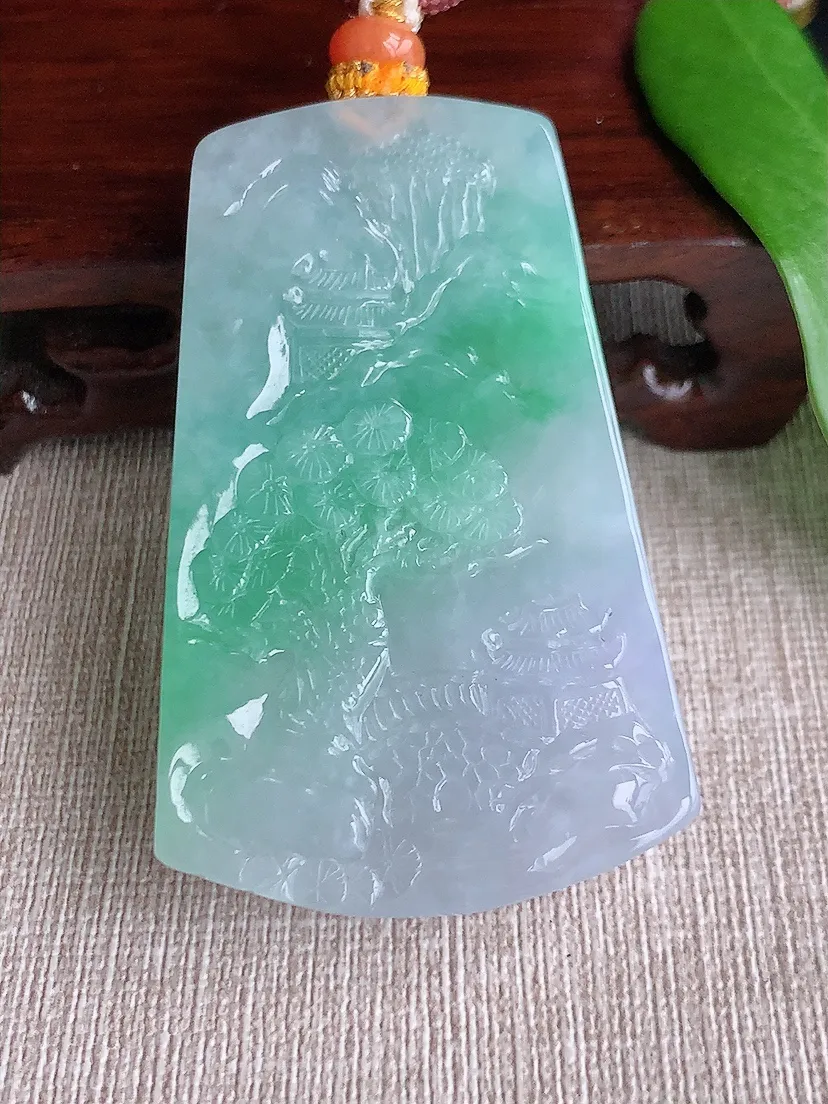 天然A货翡翠飘绿龙牌意境山水牌吊坠尺寸61.4×38.4×12.6m量72.17g 0710