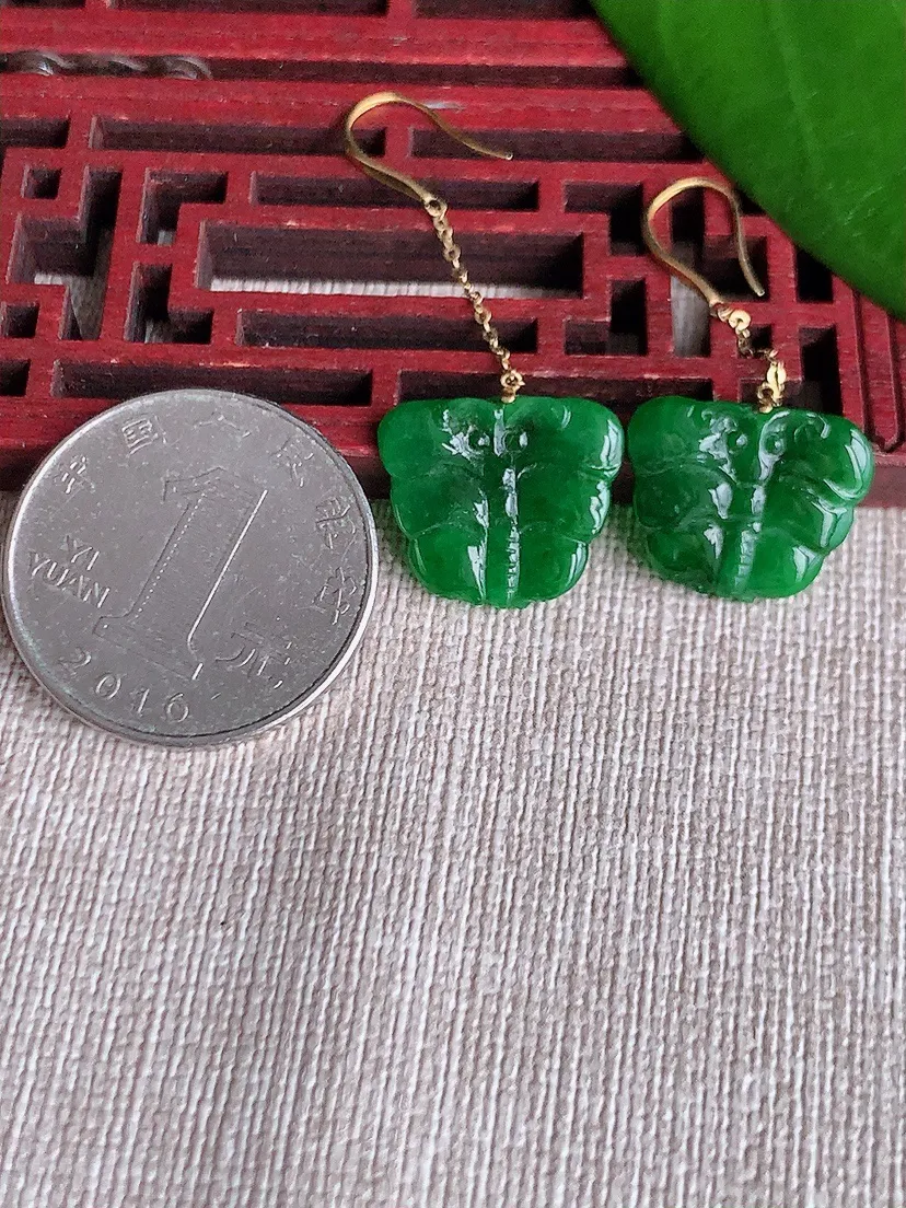 天然A货翡翠18K金镶嵌满绿蝴蝶耳坠尺寸14.5×16.5×1.8mm 重量2.44g 0711