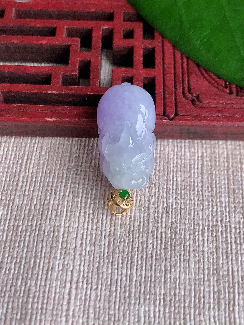 天然A货翡翠18K金扣头紫罗兰招财貔貅吊坠 尺寸20×10.8×8.5m量3.94g 0711