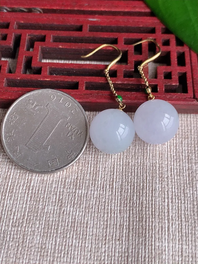 天然A货翡翠冰种18K金镶嵌圆珠转运珠耳坠 尺寸12.5mm 重量7.94g 0711