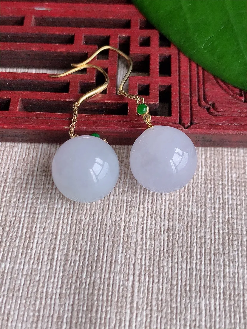 天然A货翡翠冰种18K金镶嵌圆珠转运珠耳坠 尺寸12.5mm 重量7.94g 0711