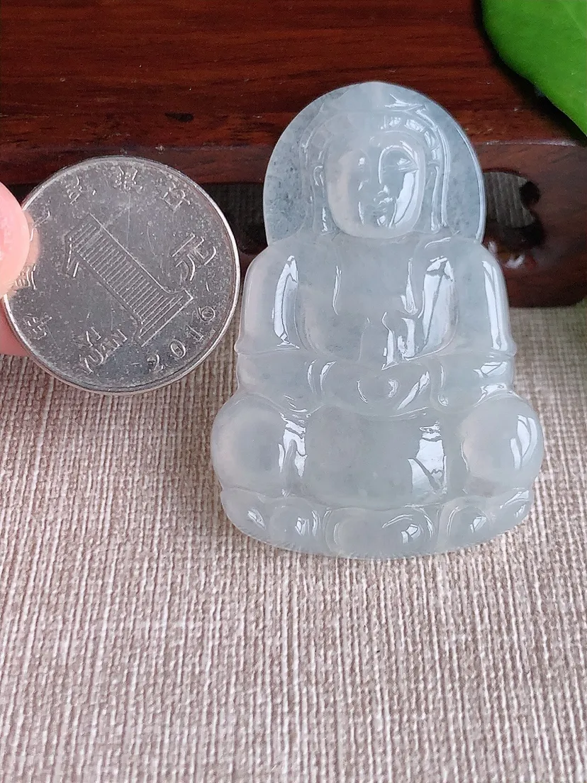 天然A货翡翠白月光正装观音吊坠尺寸50×34×5m量16.22g 0711