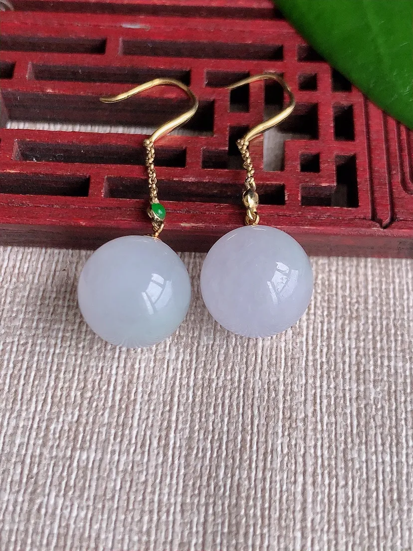 天然A货翡翠冰种18K金镶嵌圆珠转运珠耳坠 尺寸12.5mm 重量7.94g 0711