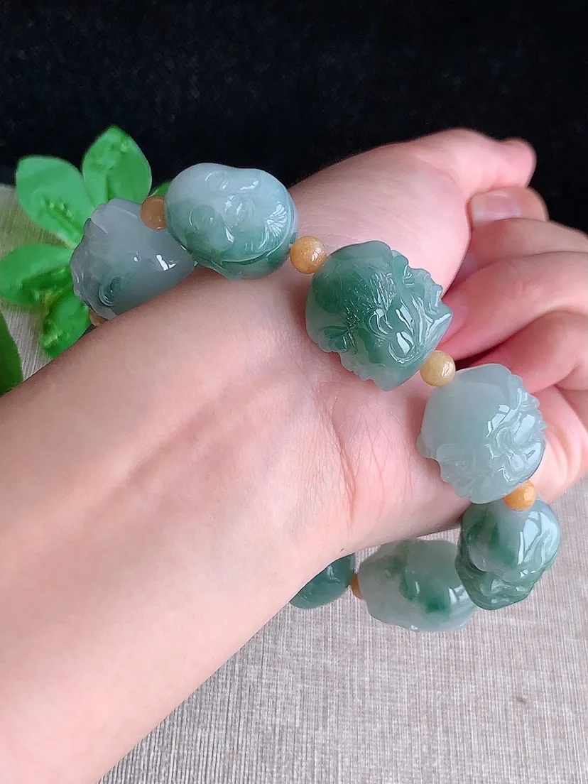 天然A货翡翠冰飘花十八罗汉手串9颗 度高尺寸20×17×18.6mm 重量102.87g 0712