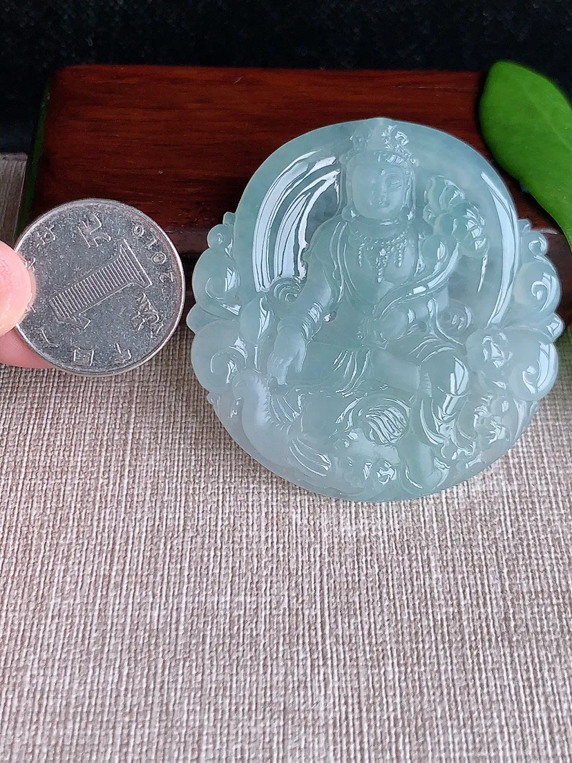 天然A货翡翠晴水一刀切普贤菩萨吊坠尺寸53×52×5.5m量30.43g 0712