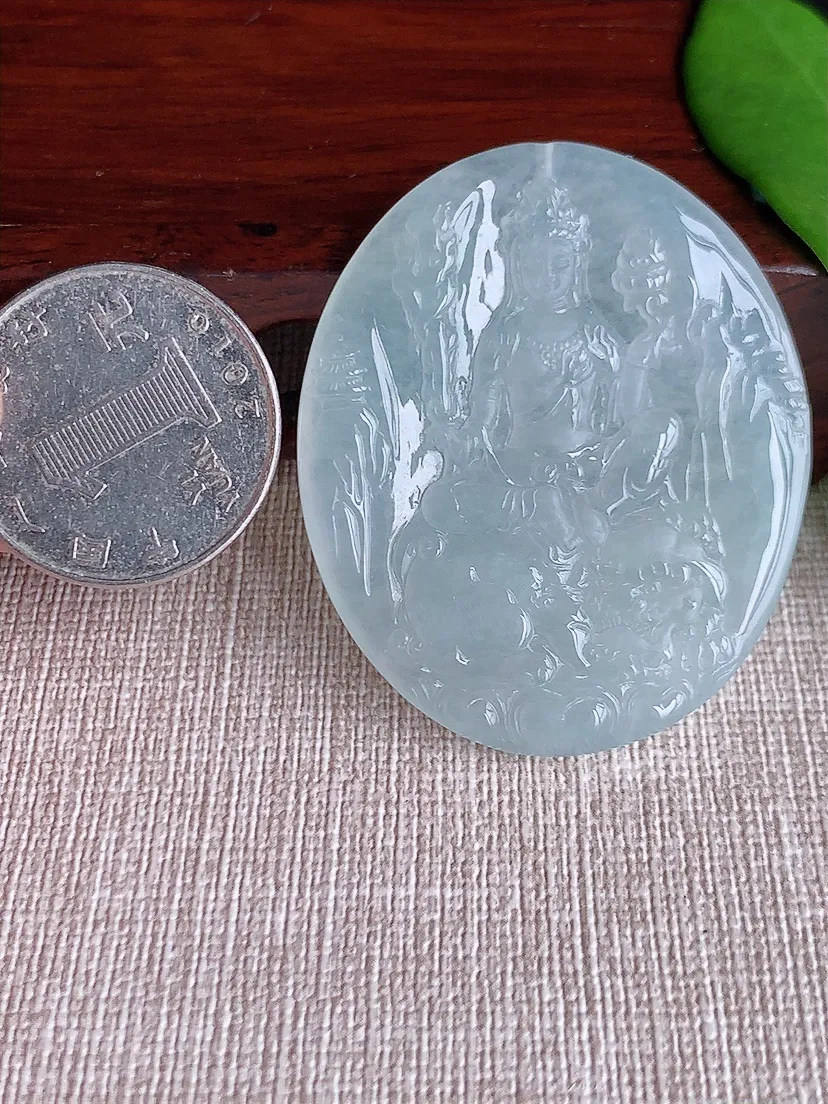 天然A货翡翠一刀切文殊菩萨吊坠尺寸46.4×38.6×4.7m量19.08g 0712