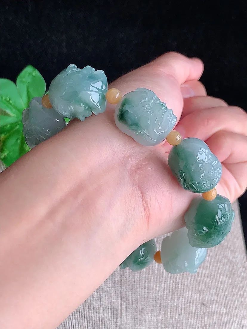 天然A货翡翠冰飘花十八罗汉手串9颗 度高尺寸20×17×18.6mm 重量102.87g 0712