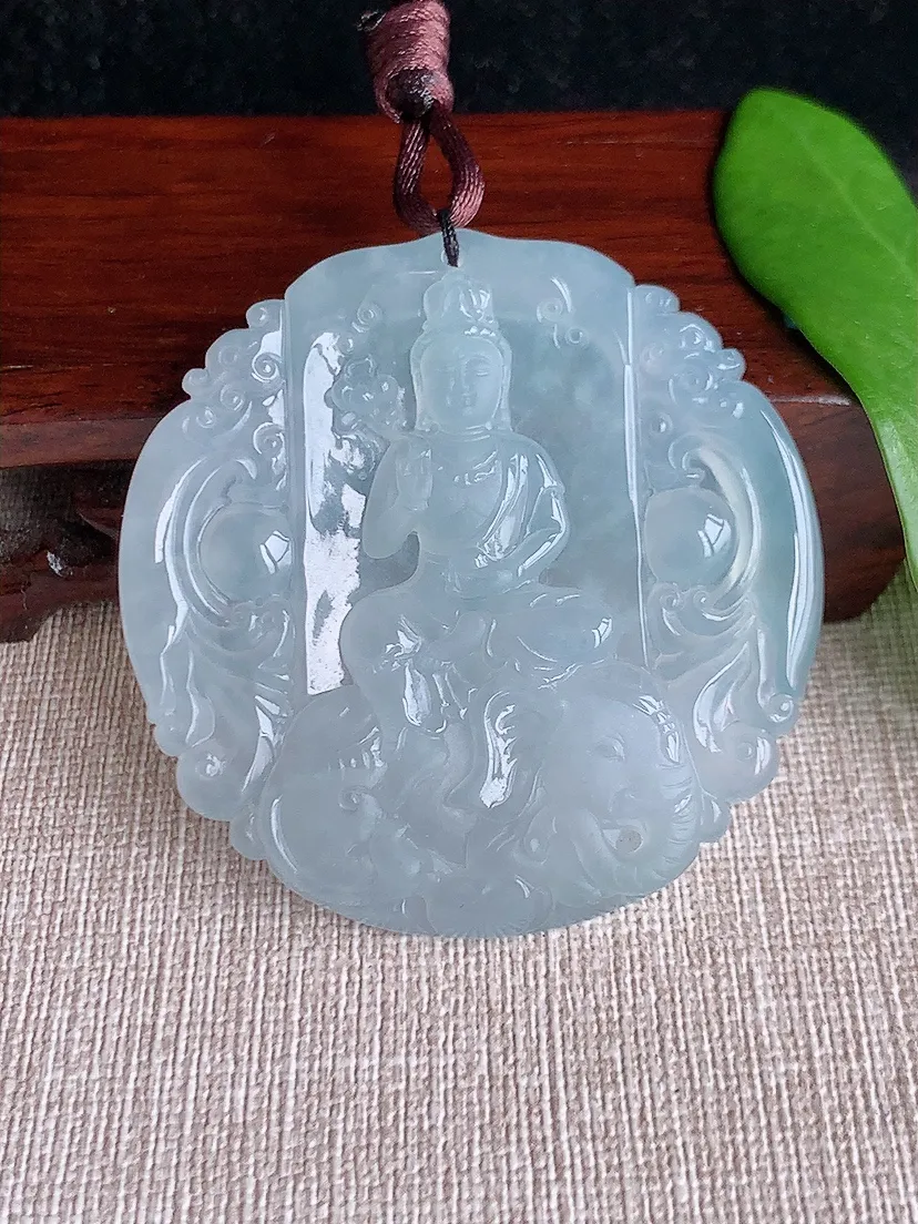 天然A货翡翠白月光普贤菩萨吊坠尺寸52.2×51.6×5.8m量29.15g 0712