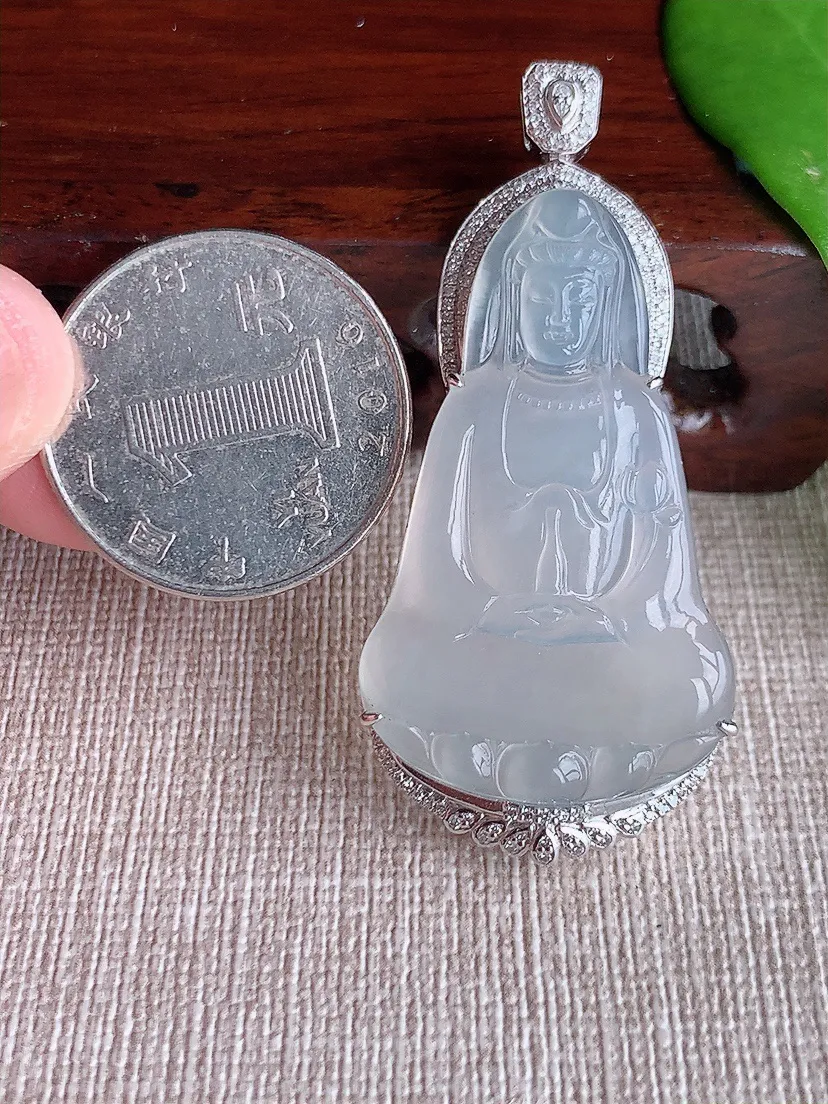 天然A货翡翠18K金伴白月光大势至菩萨吊坠尺寸52.6×39.4×23.8×8.6m量8.50g 0713