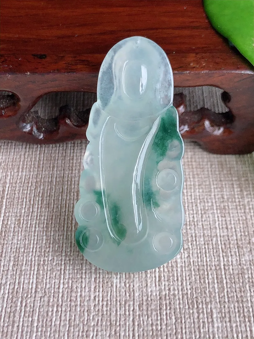 天然A货翡翠飘花观音吊坠尺寸45.3×21×5.5m量9.20g 0713