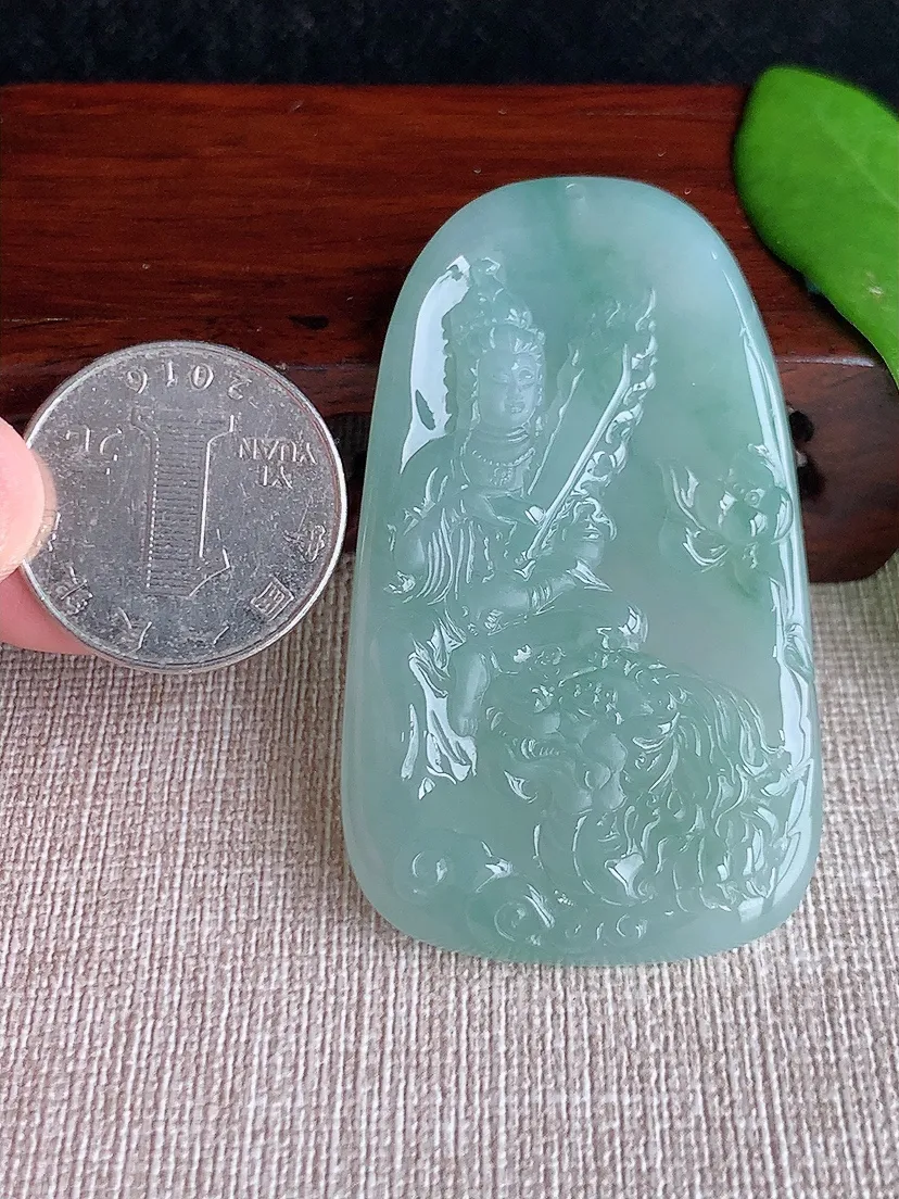 天然A货翡翠飘花文殊菩萨吊坠尺寸59.4×34.6×5.3m量25.30g 0713