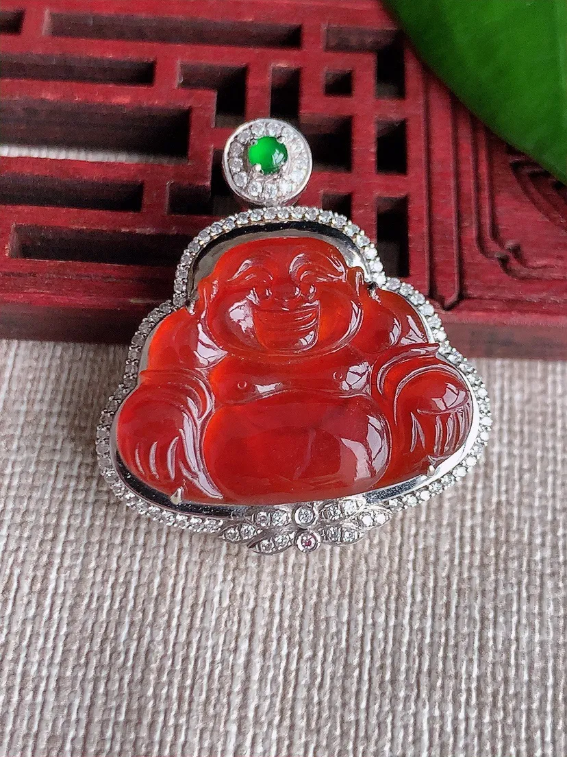 天然A货翡翠18K金伴红翡佛公吊坠尺寸31.2×28×9.5裸石18×24.5m量8.49g 0713
