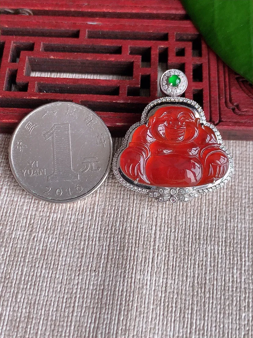 天然A货翡翠18K金伴红翡佛公吊坠尺寸31.2×28×9.5裸石18×24.5m量8.49g 0713