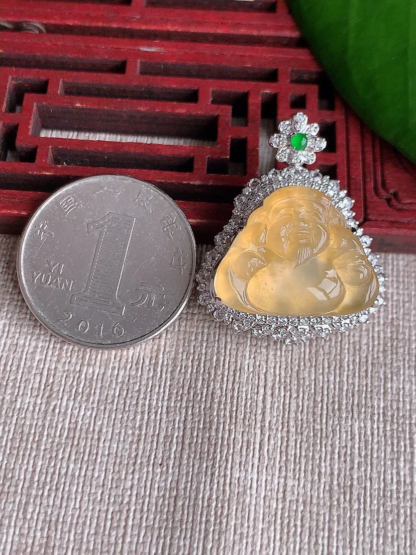 天然A货翡翠18K金伴黄翡财神爷吊坠尺寸31.4×26×11.2裸石17×21.8m量7.72g 0713