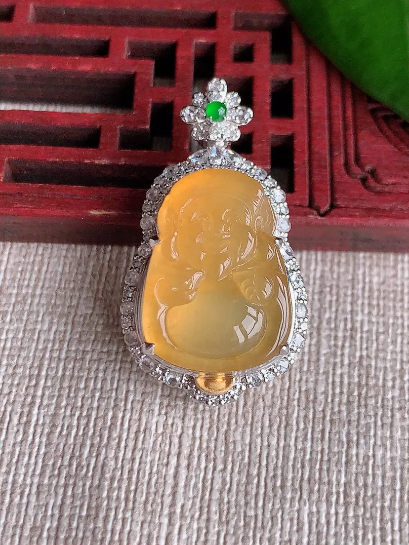天然A货翡翠18K金伴黄翡财神爷吊坠尺寸32.4×17.8×10.2裸石19.3×14.2m量6.54g 0713