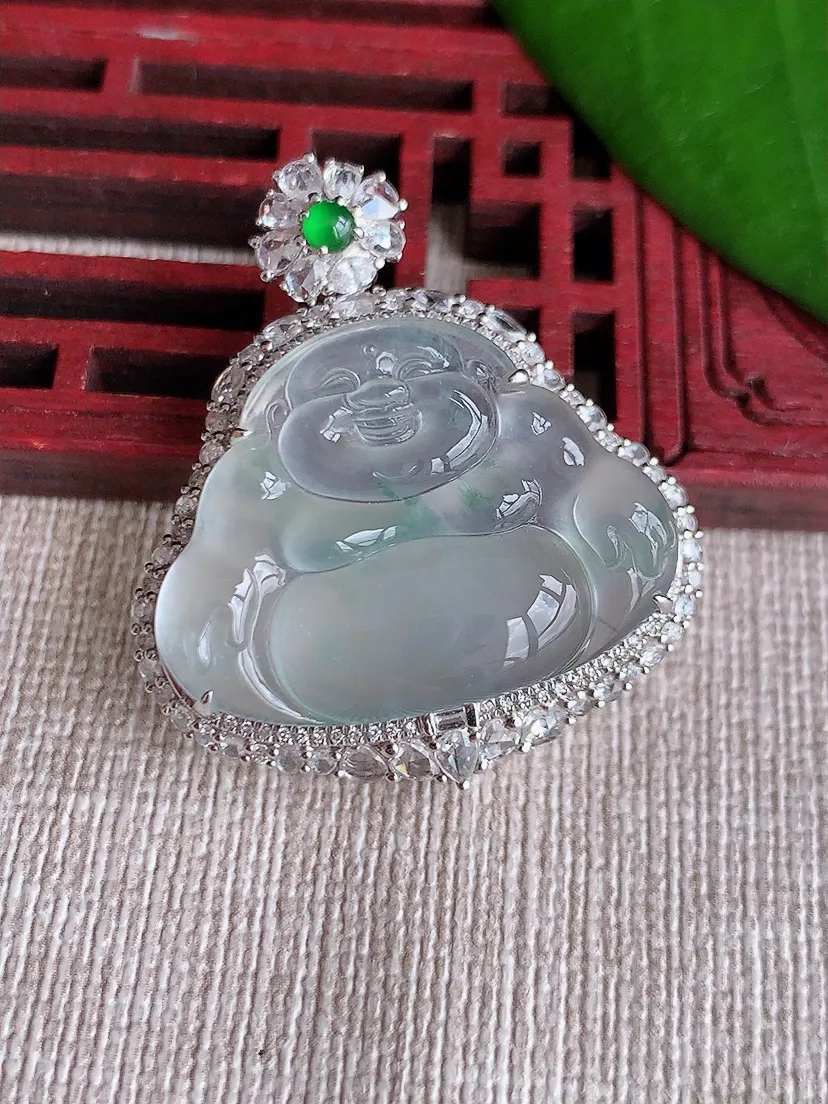 天然A货翡翠18K金伴飘花佛公吊坠尺寸35.2×31×11.2裸石20.6×27.2m量7.92g 0715