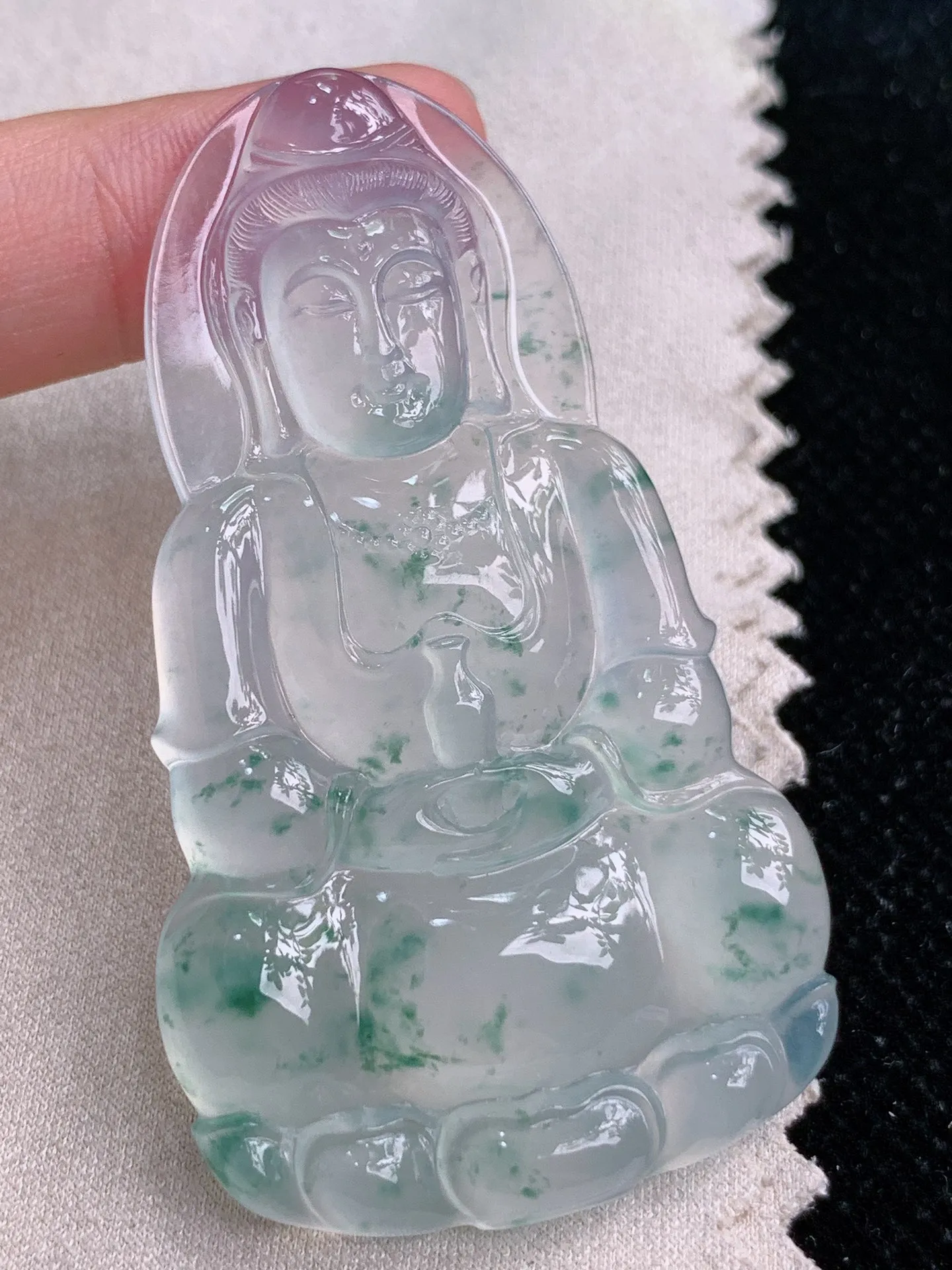 天然A货翡翠冰飘花一刀切正装观音镶嵌件尺寸57.7×33×5.6m量19.07g 0715