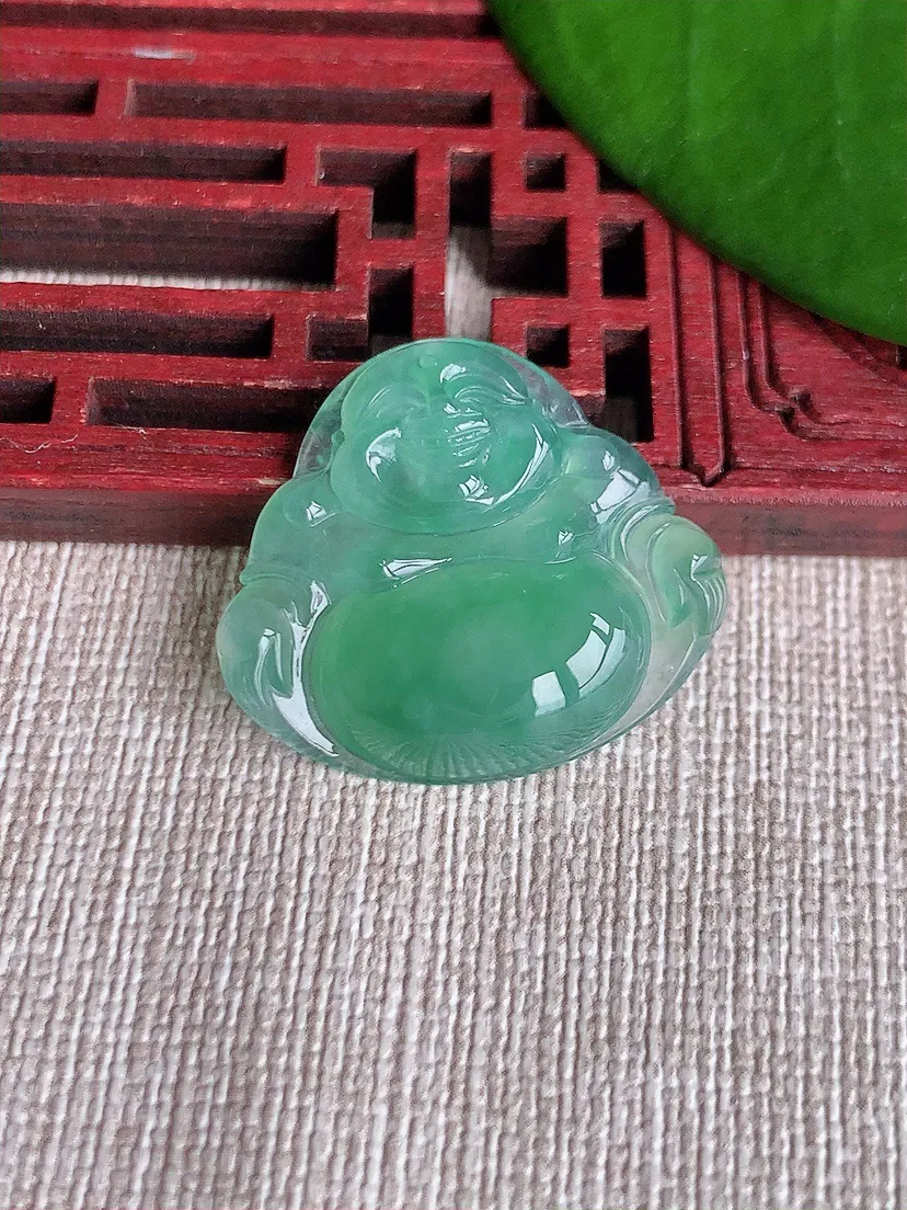 天然A货翡翠晴绿一刀切佛公吊坠尺寸23.6×26.4×5.3m量5.40g 0717