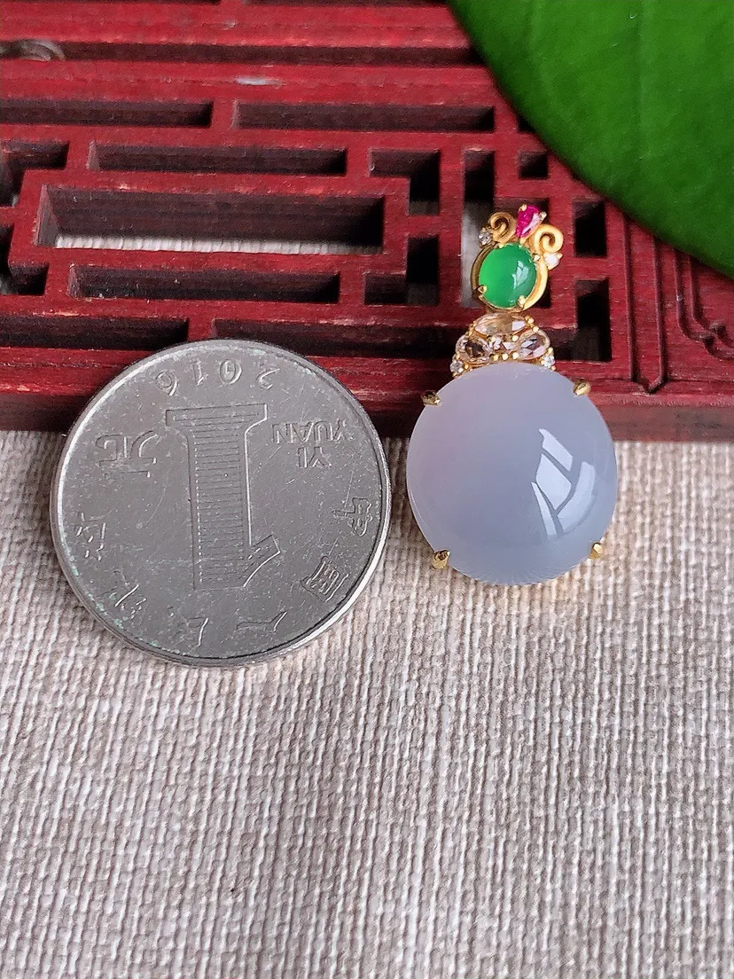 天然A货翡翠18K金伴紫罗兰蛋面吊坠尺寸27.3×16×15×7.7m量4.94g 0717