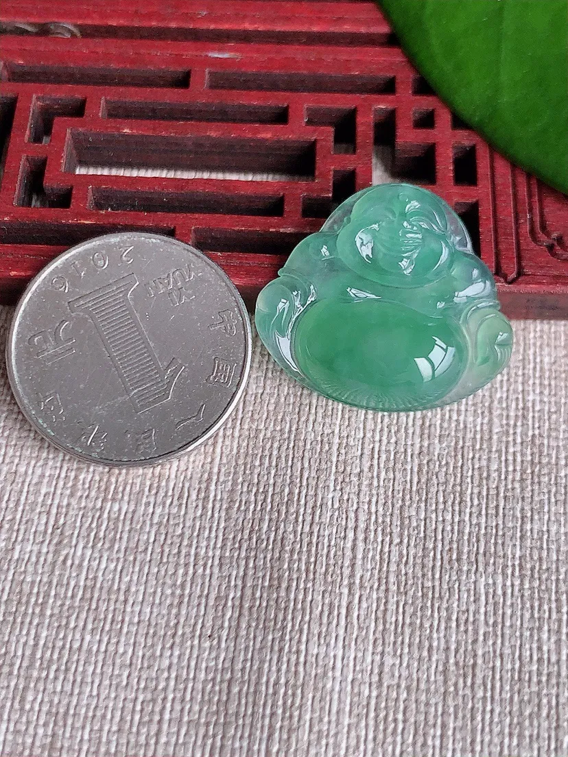天然A货翡翠晴绿一刀切佛公吊坠尺寸23.6×26.4×5.3m量5.40g 0717