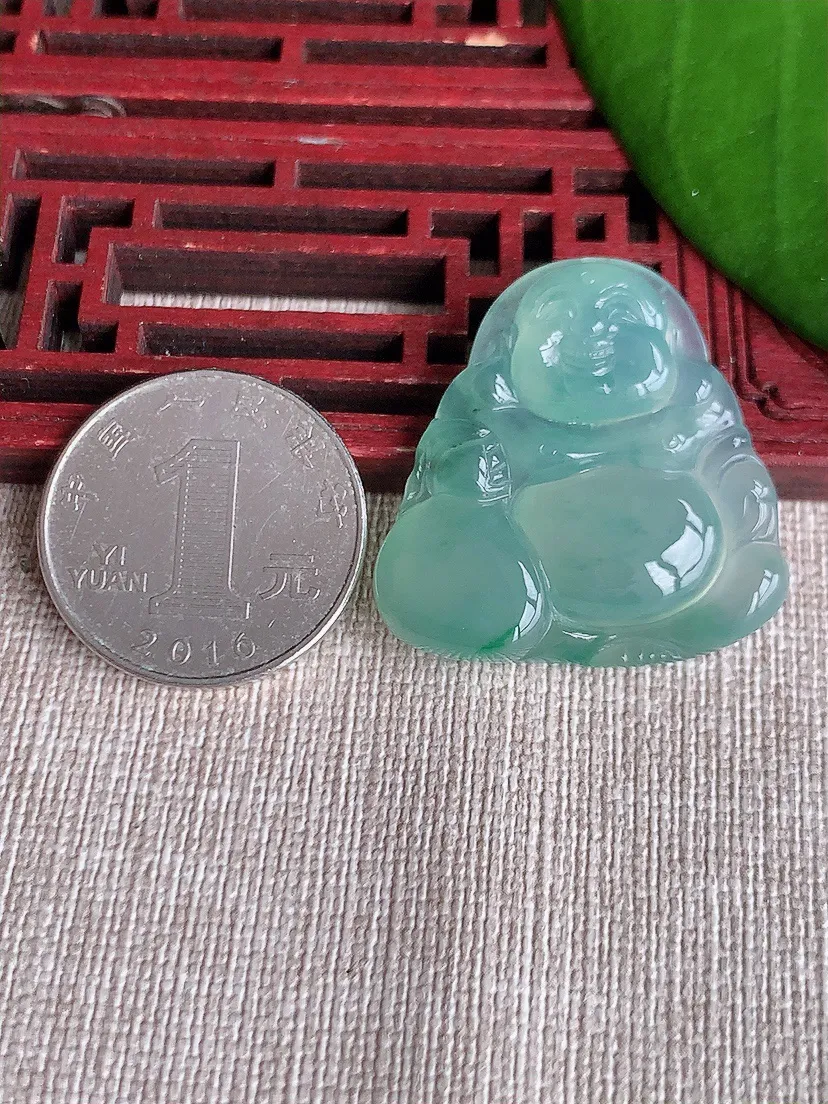 天然A货翡翠晴水飘绿布袋佛吊坠尺寸31.8×21.2×5.7m量9.67g 0718