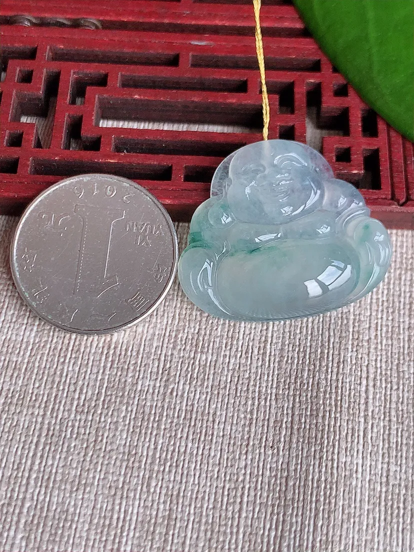 天然A货翡翠飘花一刀切佛公吊坠尺寸27.5×32.2×6m量8.90g 0718
