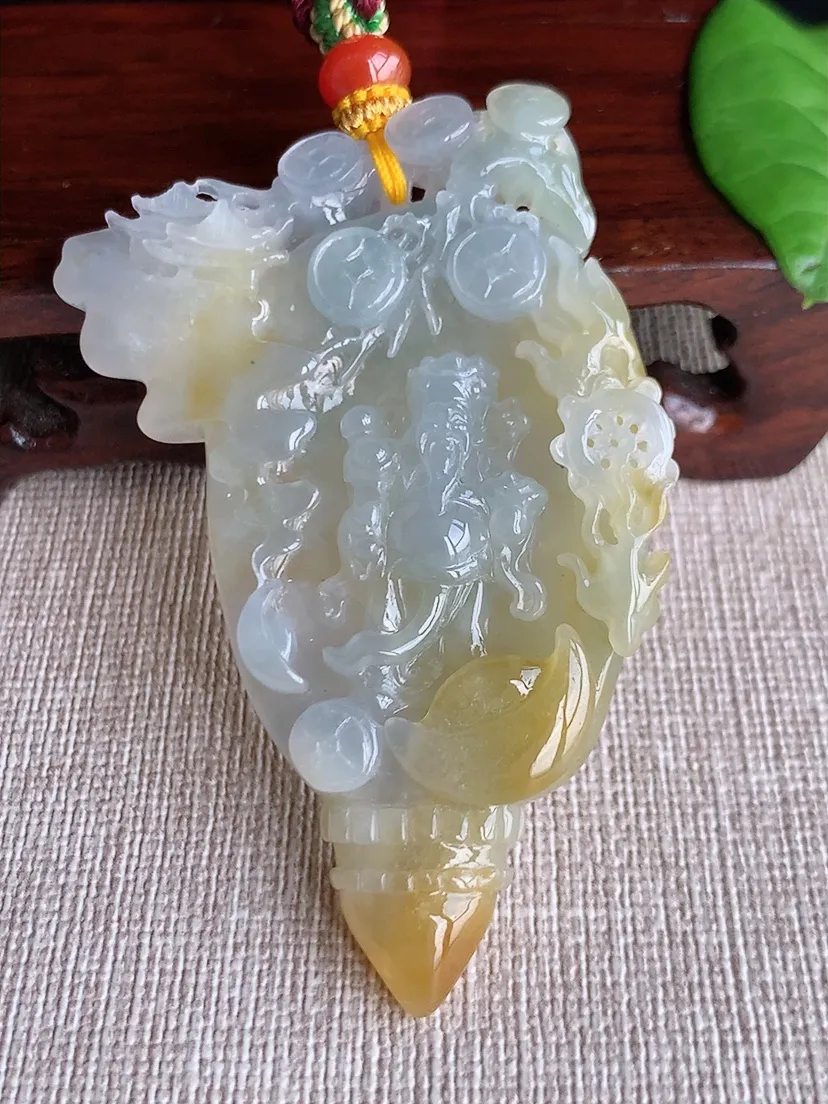 天然A货翡翠飘黄翡财神爷吊坠尺寸66×38.7×10m量38.60g 0718