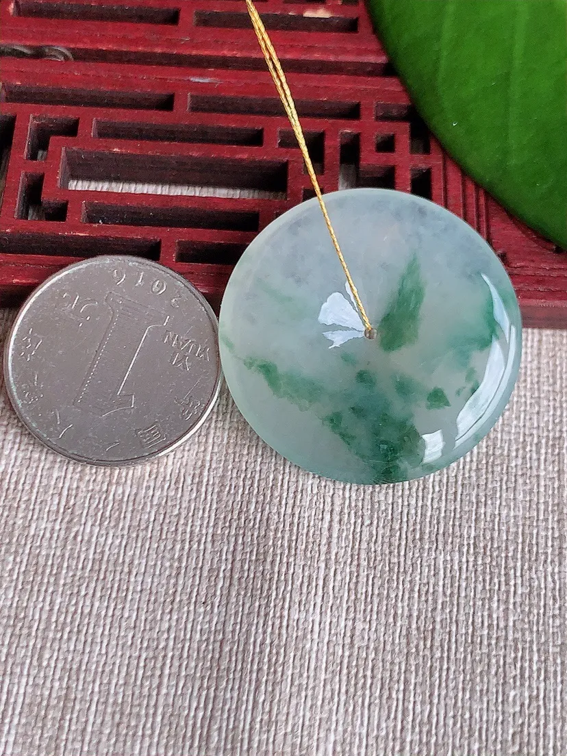 天然A货翡翠飘花平安扣吊坠尺寸34.4×5.4m量14.03g 0718