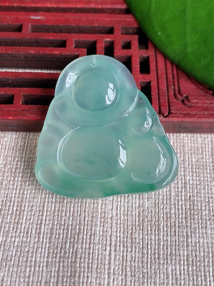 天然A货翡翠晴水飘绿布袋佛吊坠尺寸31.8×21.2×5.7m量9.67g 0718