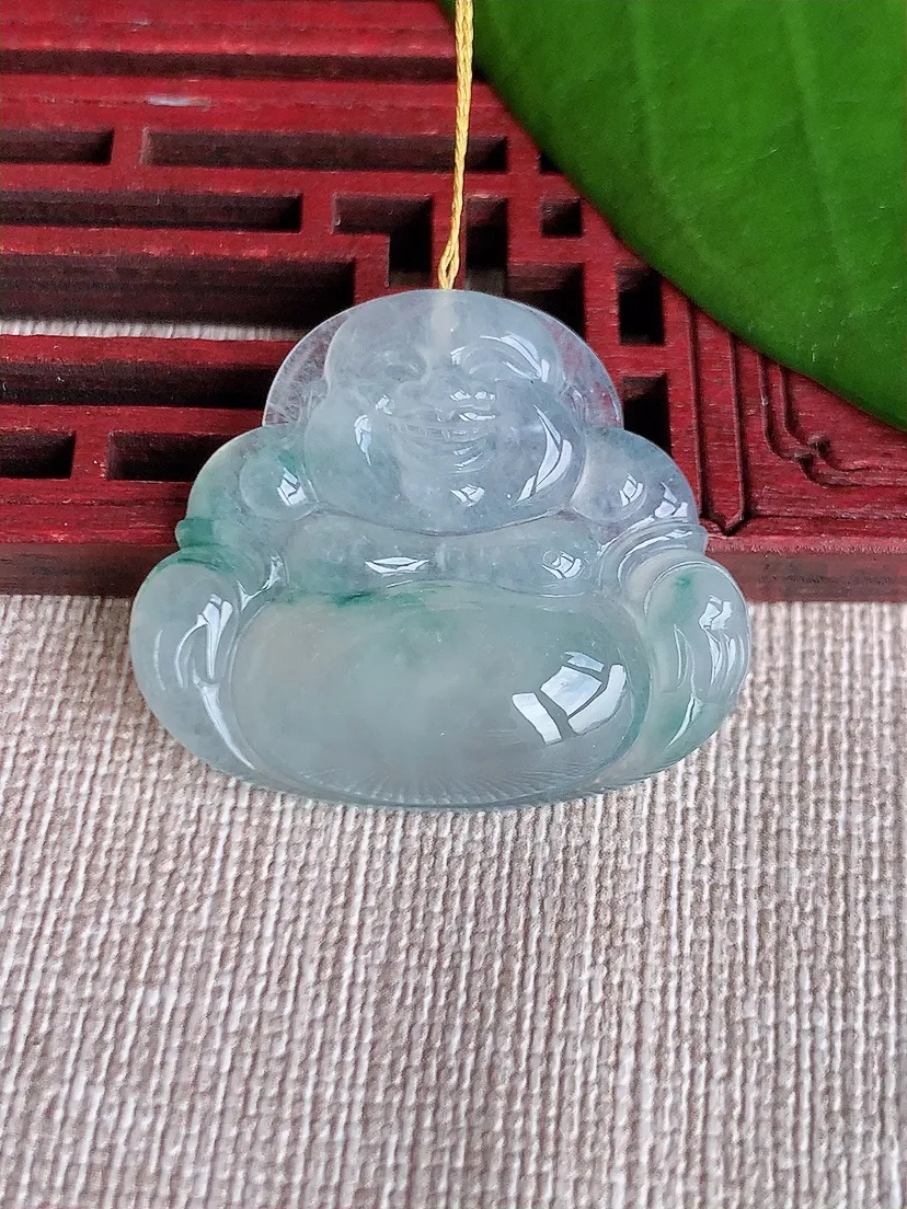 天然A货翡翠飘花一刀切佛公吊坠尺寸27.5×32.2×6m量8.90g 0718