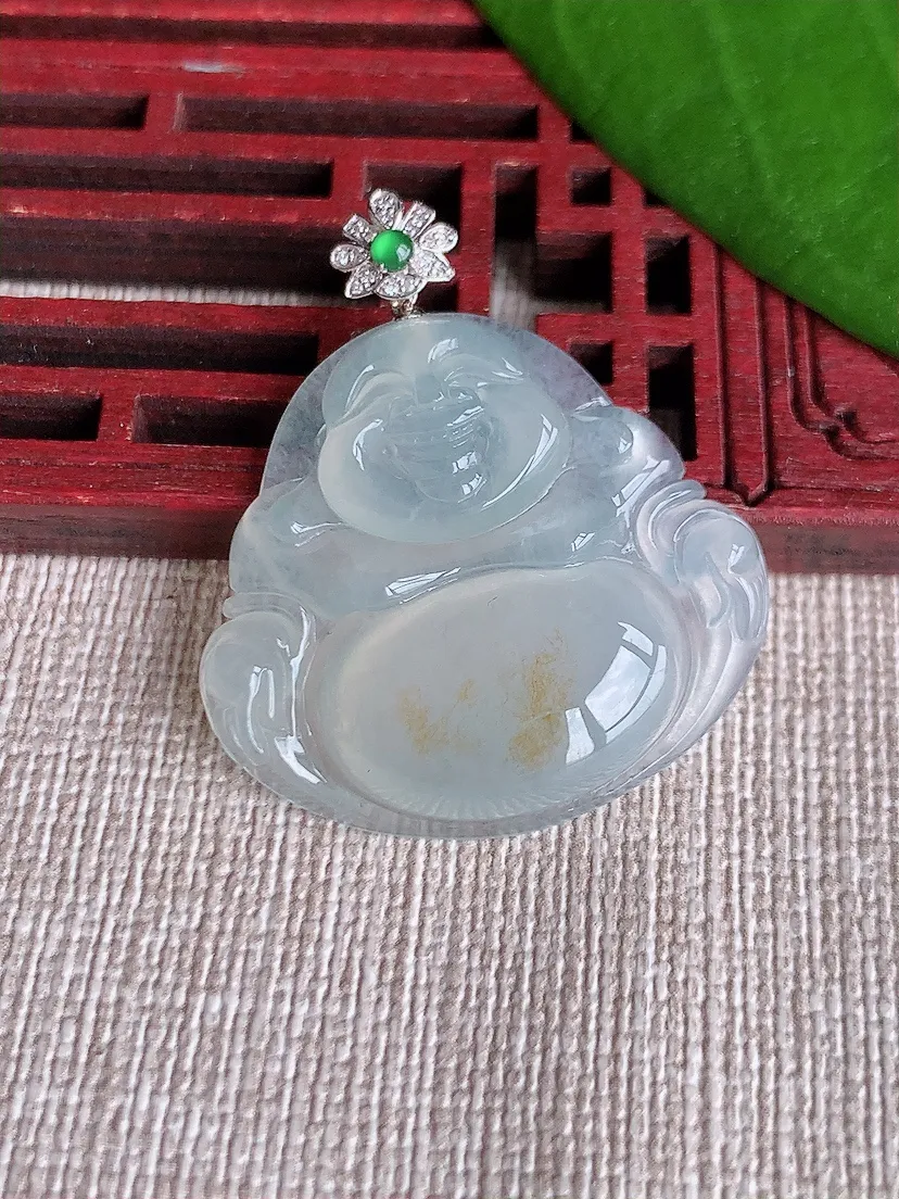 天然A货翡翠18K飘黄翡佛公吊坠尺寸34.5×27.4×30×5.5m量7.62g 0718