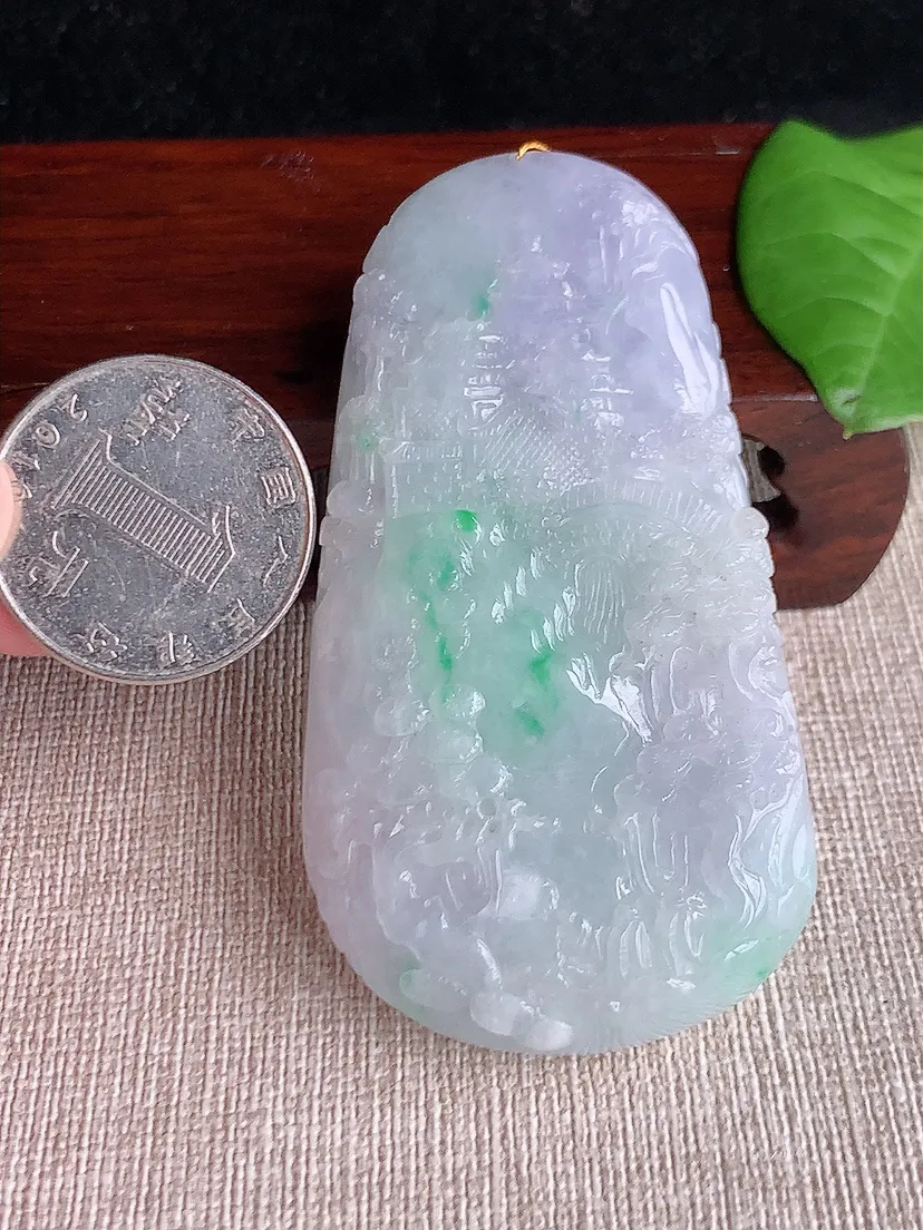 天然A货翡翠冰润春彩紫罗兰飘绿意境山水牌吊坠 尺寸69×37×11m量61.22g 0718