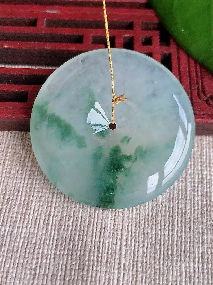 天然A货翡翠飘花平安扣吊坠尺寸34.4×5.4m量14.03g 0718