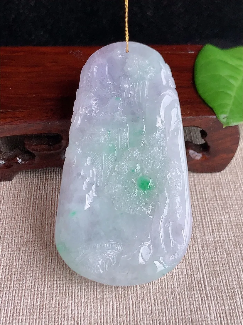 天然A货翡翠冰润春彩紫罗兰飘绿意境山水牌吊坠 尺寸69×37×11m量61.22g 0718