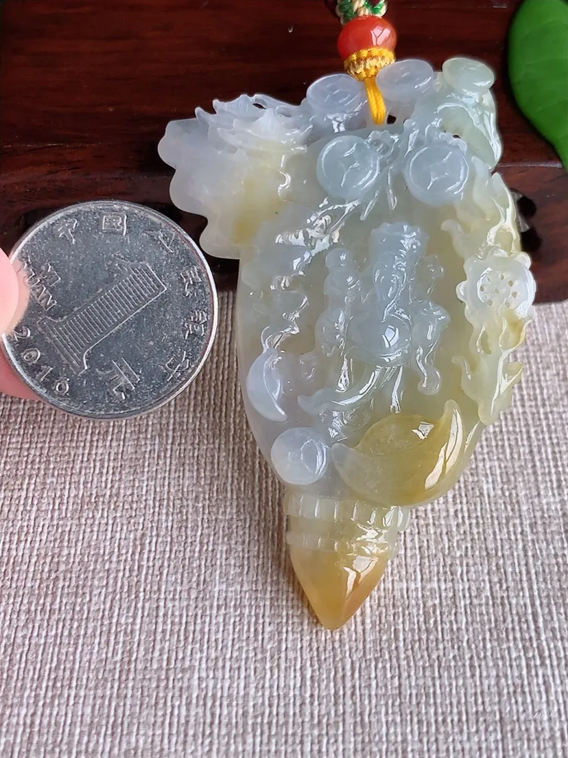 天然A货翡翠飘黄翡财神爷吊坠尺寸66×38.7×10m量38.60g 0718