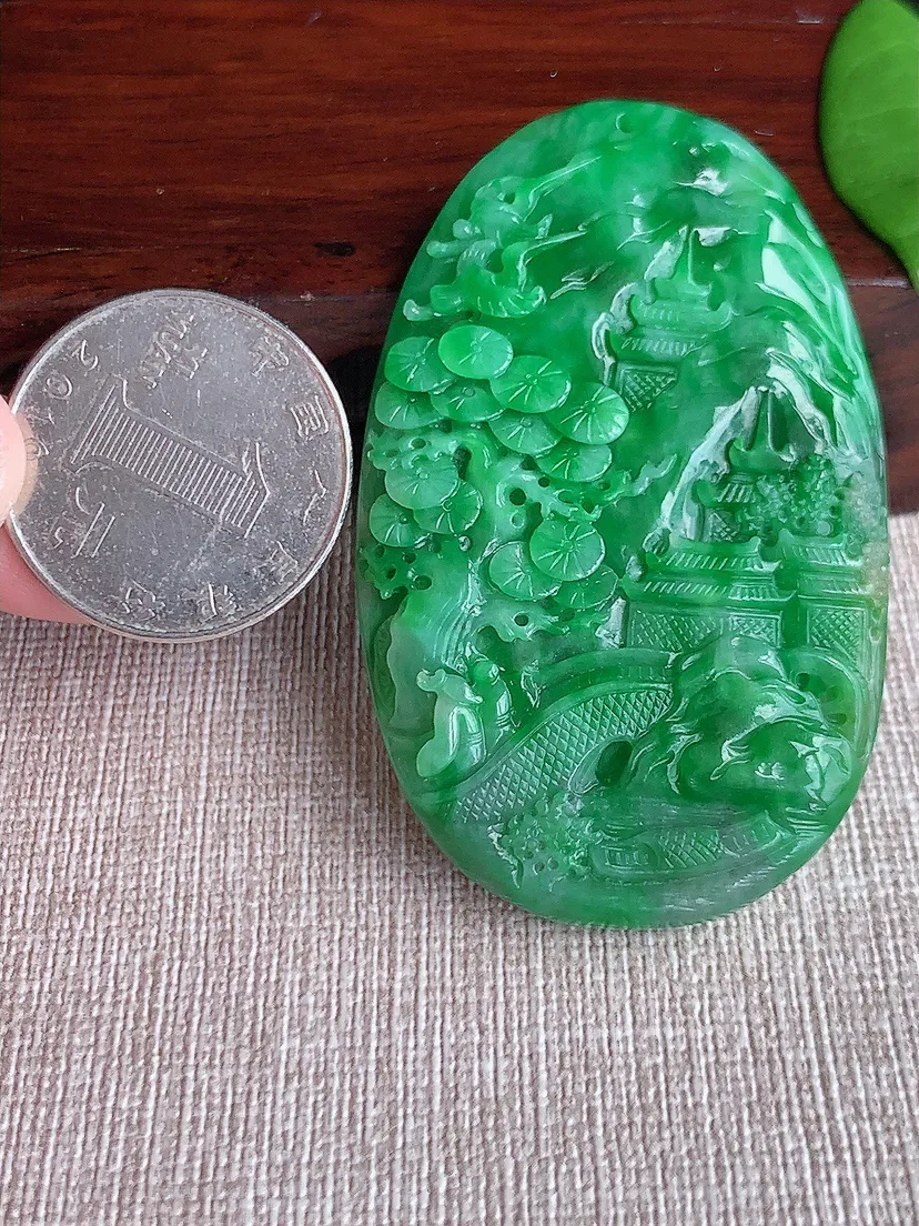 天然A货翡翠冰润满绿意境山水牌吊坠尺寸58.5×36.6×7.2m量34.60g 0719