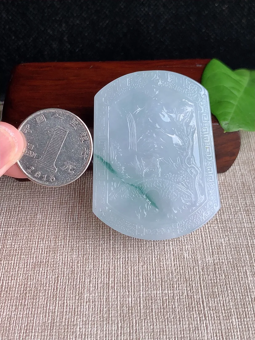天然A货翡翠飘花意境山水牌吊坠尺寸53.5×40.6×11.3m量70.46g 0719