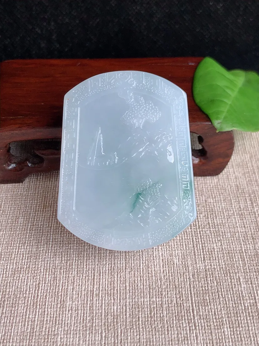 天然A货翡翠飘花意境山水牌吊坠尺寸53.5×40.6×11.3m量70.46g 0719