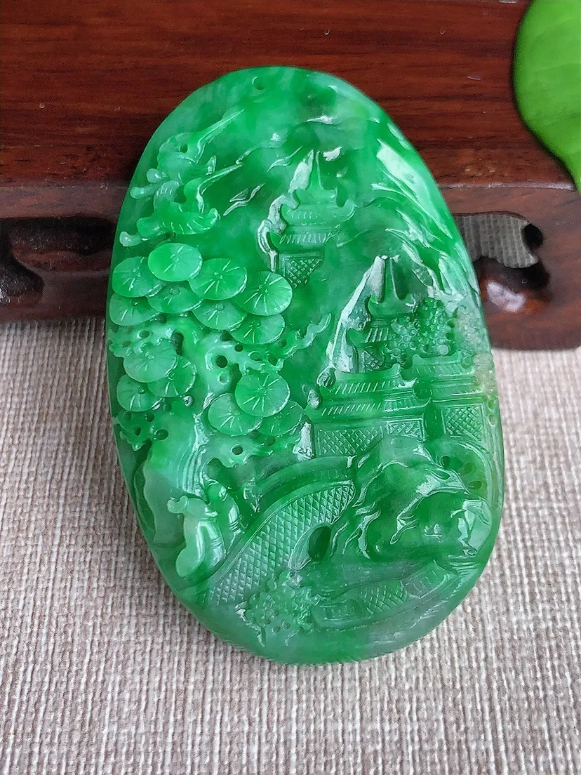天然A货翡翠冰润满绿意境山水牌吊坠尺寸58.5×36.6×7.2m量34.60g 0719
