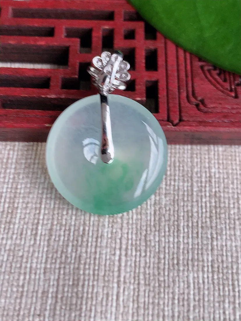 天然A货翡翠18K金伴飘花平安扣吊坠尺寸29.7×21.6×4.6m量5.53g 0719