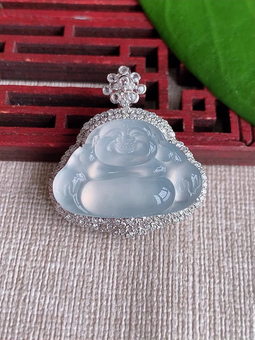 天然A货翡翠18K金伴白月光佛公吊坠尺寸29.5×27×11裸石16×24.5m量8.19g 0719